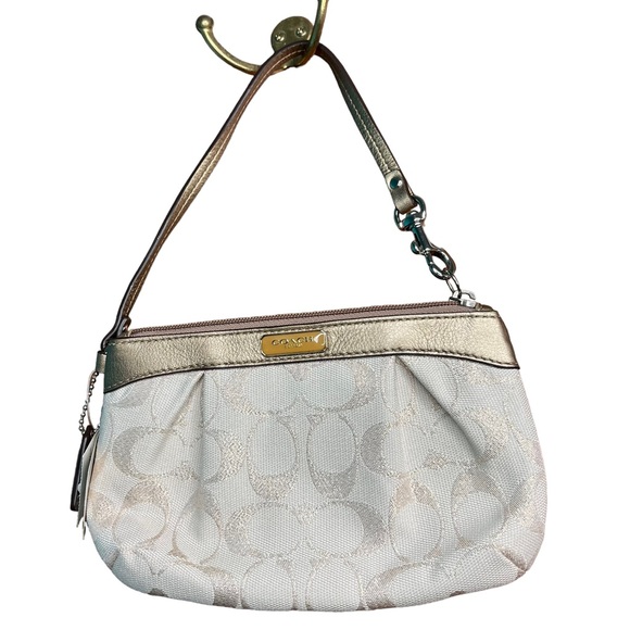 Coach Metallic Gold/Khaki Signature Pleated Wristlet Handbag New - Picture 8 of 10